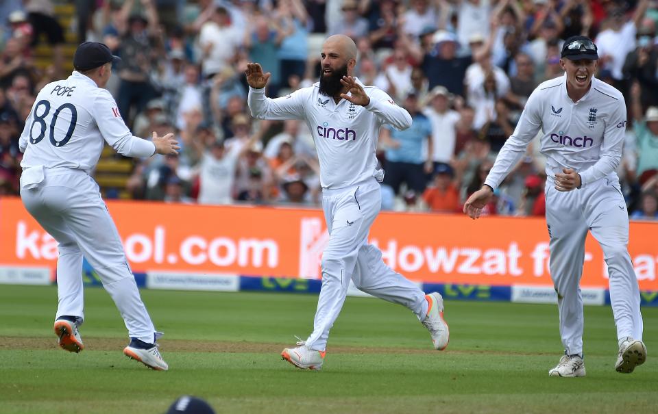 England's Moeen Ali, centre, celebrates (AP)