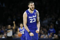 Seton Hall's Sandro Mamukelashvili celebrates after a turnover by Villanova during the second half of an NCAA college basketball game, Saturday, Feb. 8, 2020, in Philadelphia. (AP Photo/Matt Slocum)