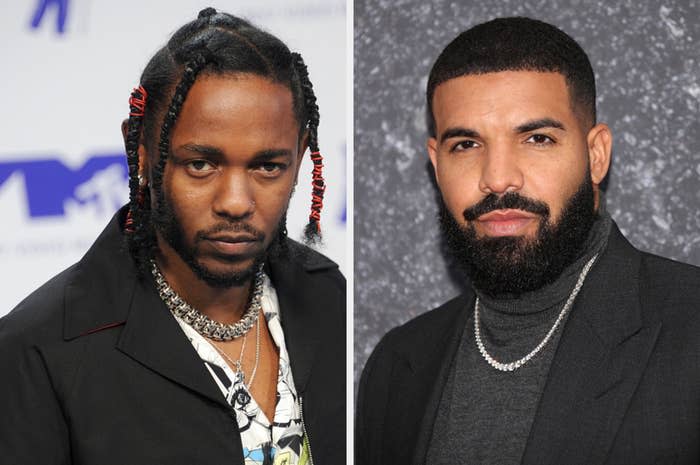 Kendrick Lamar with braided hair and a chain necklace on the left; Drake with a short beard and black turtleneck on the right