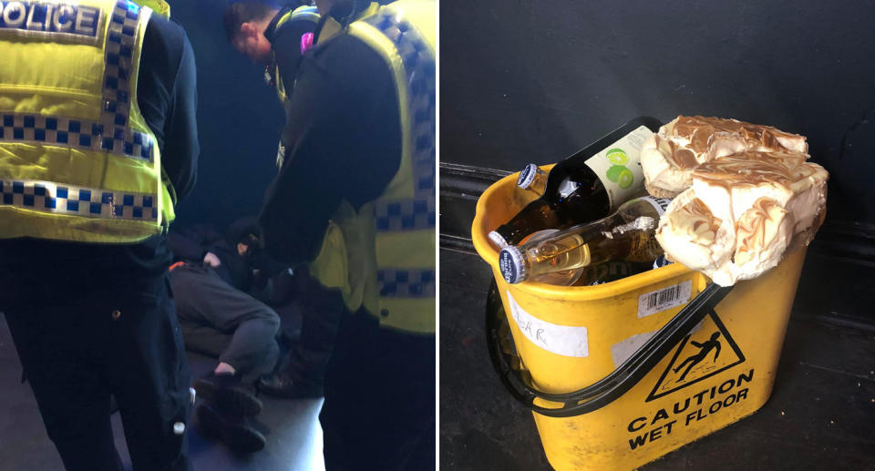 A man is pictured surrounded by police sleeping in the bathroom at 808 Bar & Kitchen, in Sunderland. Also pictured is a mop bucket filled with bottled beer and a cheesecake. 