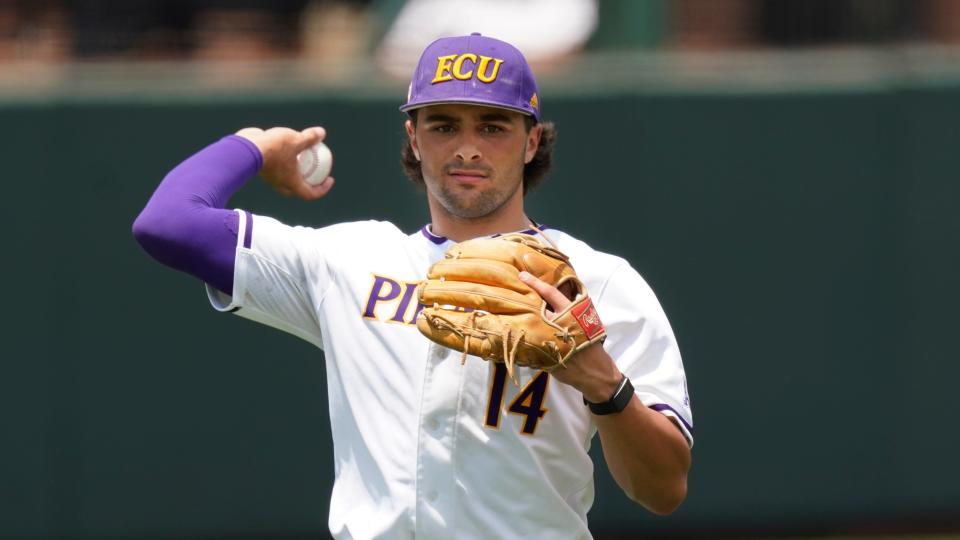 East Carolina's Zach Agnos plays against Vanderbilt during an NCAA college baseball super regional game Saturday, June 12, 2021, in Nashville, Tenn. Vanderbilt won 2-0 to sweep the series and advance to the College World Series. (AP Photo/Mark Humphrey)