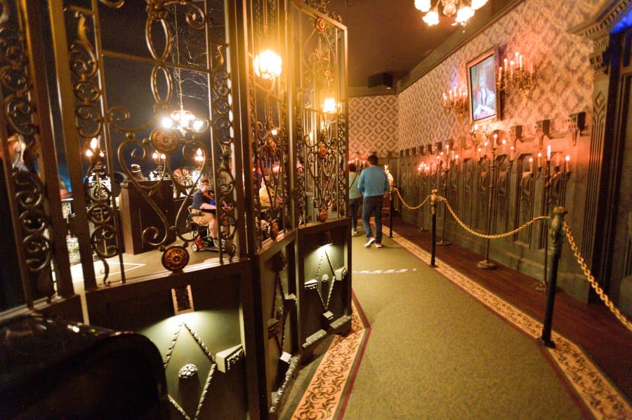 Anaheim, CA – April 30: New wrought iron separates the line from the loading area at The Haunted Mansion at Disneyland in Anaheim, CA, on Friday, April 30, 2021. The resort”u2019s parks have been closed for 412 days due to the COVID-19 outbreak. (Photo by Jeff Gritchen/MediaNews Group/Orange County Register via Getty Images)