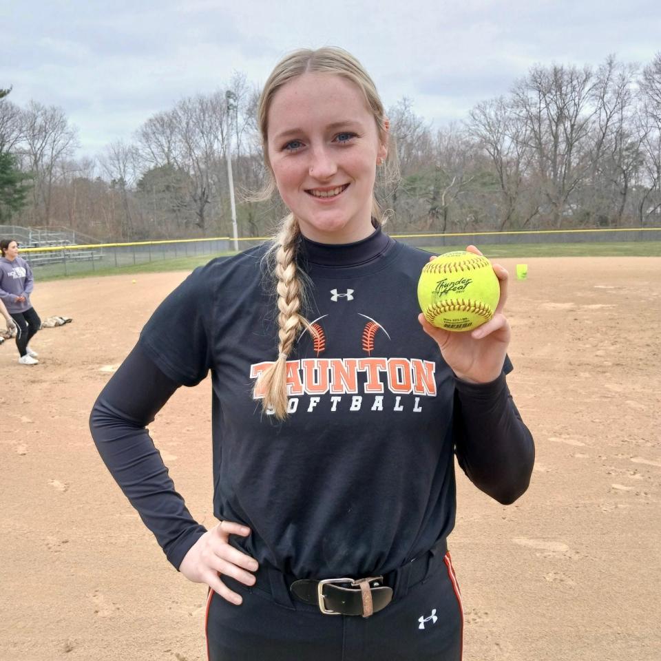 Taunton’s Sam Lincoln poses with a ball during a practice at Jack Tripp Field on April 2, 2024.