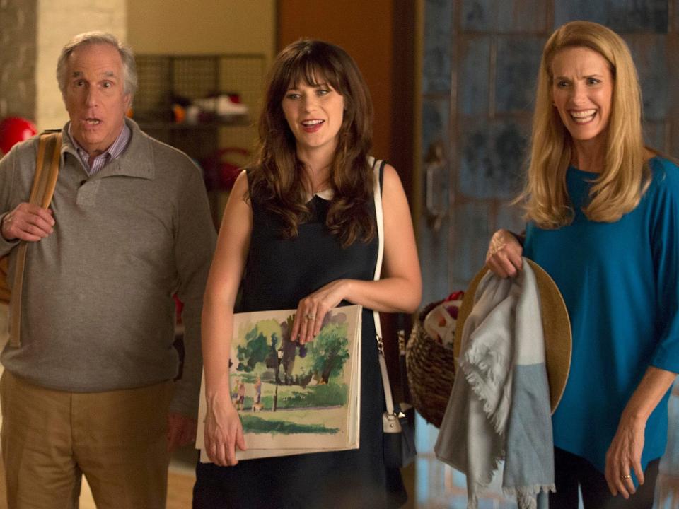 Henry Winkler, Zooey Deschanel, and Julie Haggerty on season five, episode two of "New Girl."