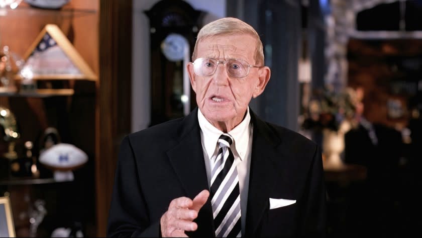 In this image from video, Lou Holtz speaks from Orlando, Fla., during the third night of the RNC