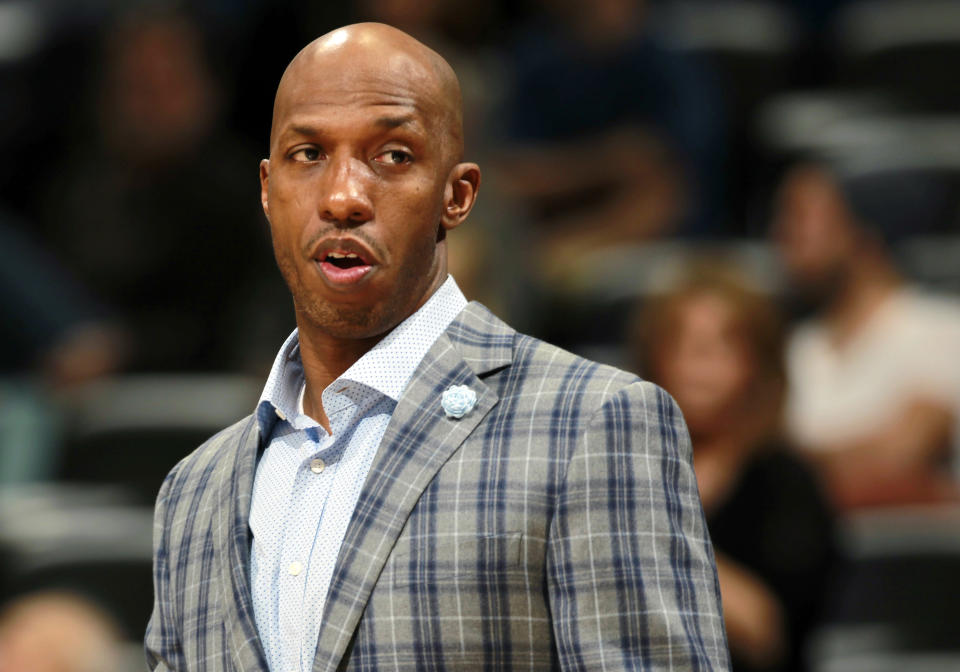 FILE - In this March 19, 2014 photo, Detroit Pistons guard Chauncey Billups watches from the sideline during an NBA basketball game against the Denver Nuggets in Denver. A person familiar with the situation says Billups has not made a decision about joining Cleveland’s front office. Billups is weighing several factors and remains unsure if he wants to head up the Cavs’ basketball operations, said the person who spoke Monday, June 26, 2017 to the Associated Press on condition of anonymity because of the sensitive nature of the talks. (AP Photo/David Zalubowski, File)