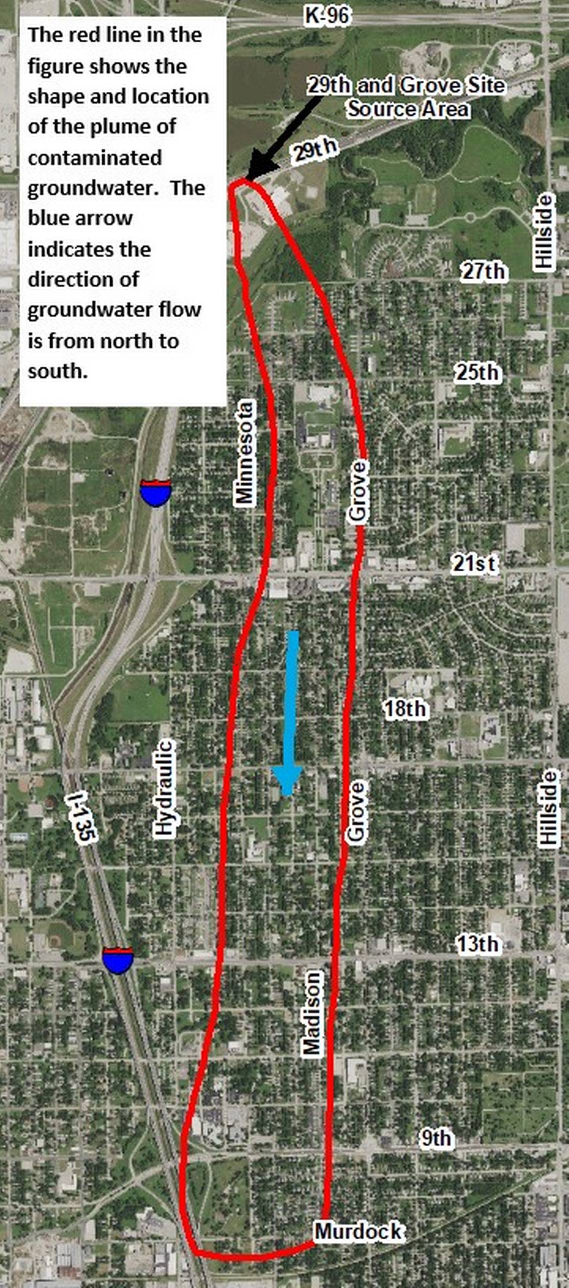 This map shows the boundaries of the 29th and Grove contamination site in Wichita. Courtesy KDHE