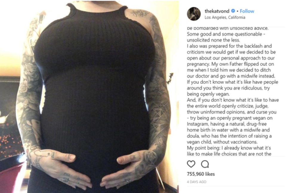 Picture of Kat's Instagram post showing her baby bump and caption