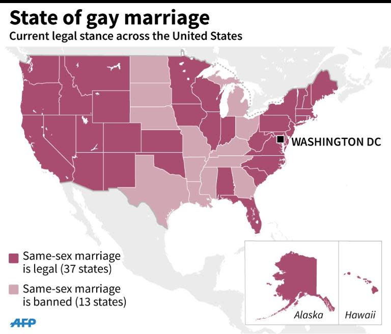 Map showing the current legal stance on gay marriage across the United States