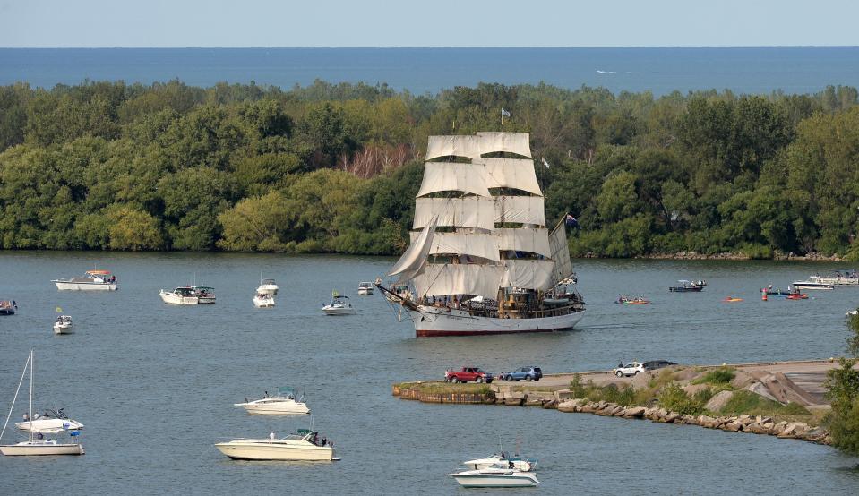 The tall ship Picton Castle enters Presque Isle Bay, on Aug. 22, 2019, for the 2019 Parade of Sail during the Tall Ships Erie festival.