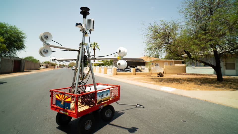 Vanos conducts field experiments in Arizona with the “MaRTy” cart – a custom meteorological device measuring several heat variables, created by ASU’s "SHaDE Lab." Her goal is to make communities cooler by altering buildings, landscaping and even road materials to reflect solar radiation and heat back to space - Julian Quinones/CNN