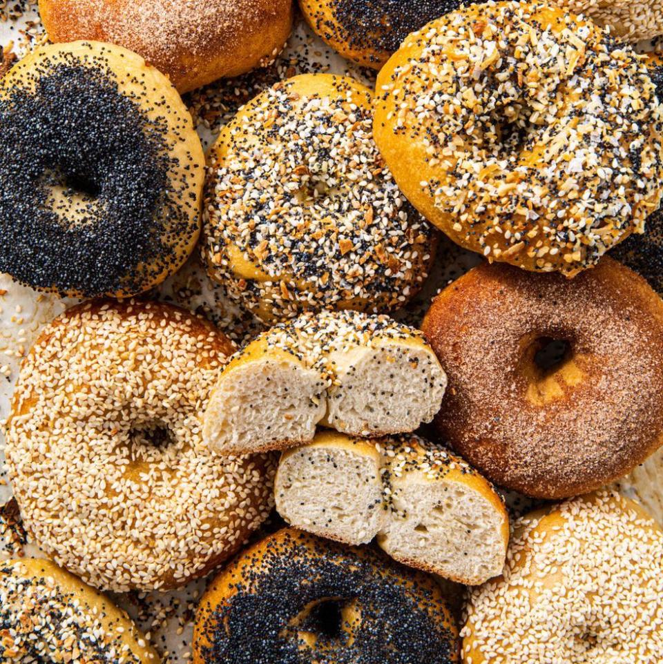 <p>There's nothing better than waking up to fresh bagels and when it's your own hard work? Even better. One batch of dough can turn into everything, poppy seed, sesame seed, cinnamon sugar, or any of your favorite bagels! <br><br>Get the <strong><a href="https://www.delish.com/cooking/recipe-ideas/a30324798/homemade-bagel-recipe/" rel="nofollow noopener" target="_blank" data-ylk="slk:Homemade Bagels recipe;elm:context_link;itc:0;sec:content-canvas" class="link ">Homemade Bagels recipe</a></strong>. </p>