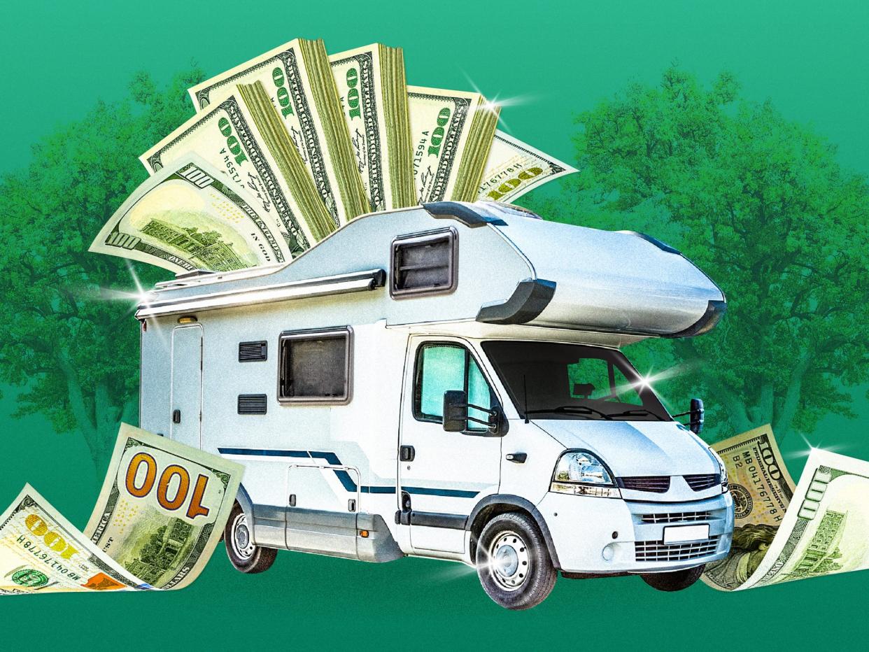 An RV with stacks of one-hundred dollar bills coming out of it with large one-hundred dollar bills to the left and right of it. Trees are faintly behind the RV on a green background.