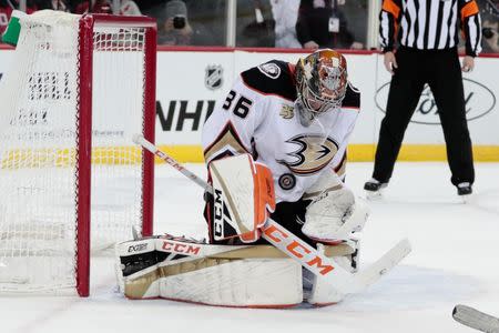 Jan 19, 2019; Newark, NJ, USA; Anaheim Ducks goaltender John Gibson (36) makes a save during the second period against the New Jersey Devils at Prudential Center. Mandatory Credit: Vincent Carchietta-USA TODAY Sports