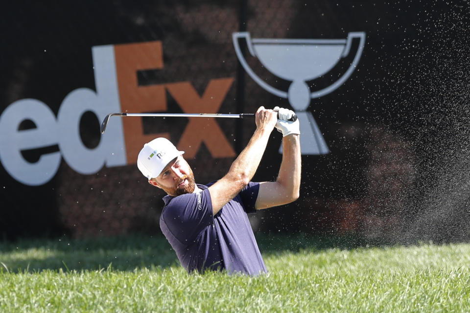 Chris Kirk hits from the sand on the eighth hole during the first round of the Rocket Mortgage Classic golf tournament, Thursday, July 2, 2020, at the Detroit Golf Club in Detroit. (AP Photo/Carlos Osorio)