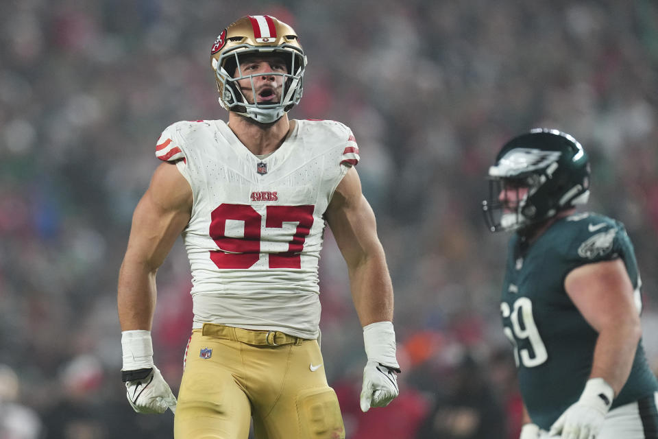 PHILADELPHIA, PENNSYLVANIA - DECEMBER 3: Nick Bosa #97 of the San Francisco 49ers reacts against the Philadelphia Eagles at Lincoln Financial Field on December 3, 2023 in Philadelphia, Pennsylvania. (Photo by Mitchell Leff/Getty Images)