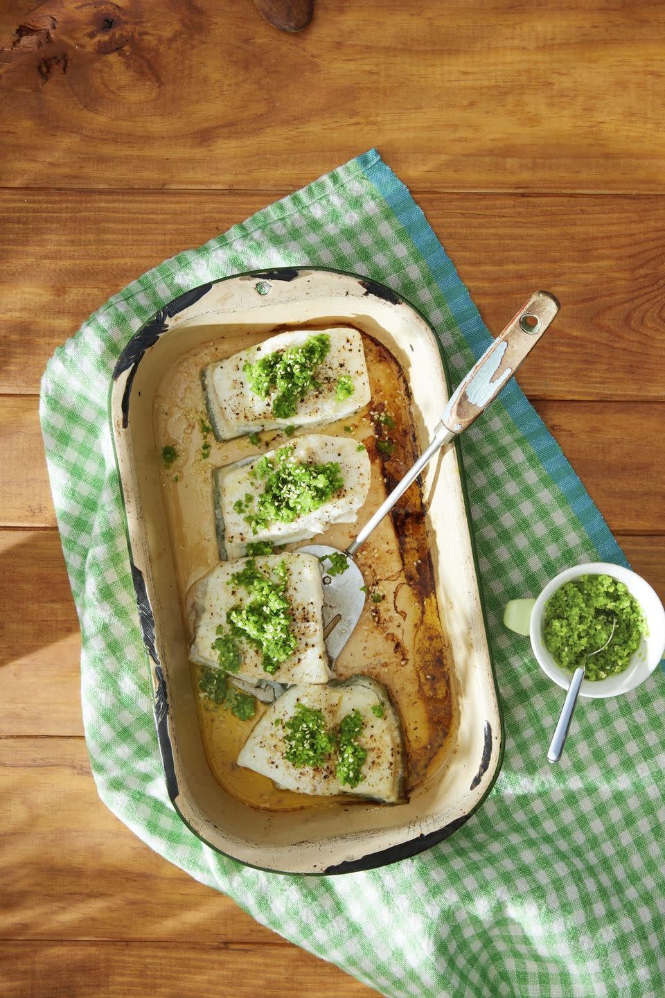 baked halibut with snap pea and toasted sesame gremolata