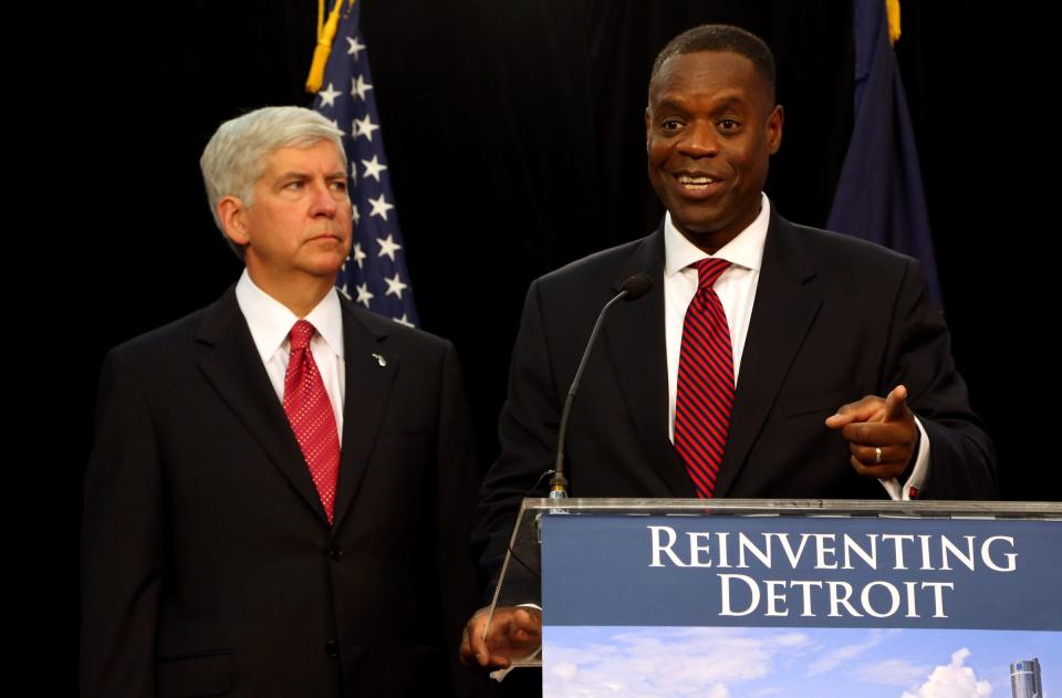 Detroit Emergency Manager Kevyn Orr and Gov. Rick Snyder held a press conference on July 19, 2013, at the Maccabees Building on Woodward Avenue in Detroit, the day after Detroit's July 18, 2013, Chapter 9 bankruptcy filing.