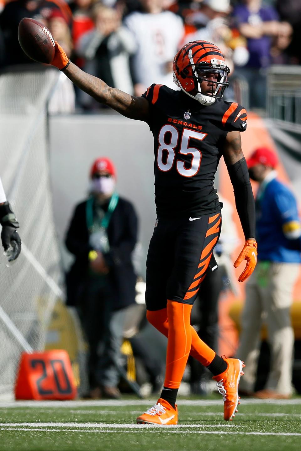 Cincinnati Bengals wide receiver Tee Higgins (85) celebrates a catch for a first down in the first quarter of the NFL Week 16 game between the Cincinnati Bengals and the Baltimore Ravens at Paul Brown Stadium in downtown Cincinnati on Sunday, Dec. 26, 2021. The Bengals led 31-14 at halftime. 