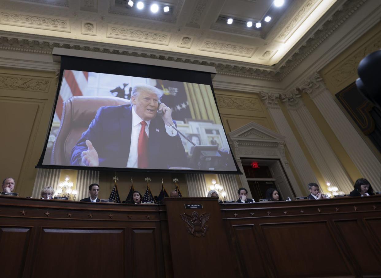 <span>In this photograph, former President Donald Trump appears on a video screen above members of the Select Committee to Investigate the January 6th Attack on the U.S. Capitol.</span> <span><a href="https://www.gettyimages.com/detail/news-photo/former-u-s-president-donald-trump-appears-on-a-video-screen-news-photo/1408288440?adppopup=true" rel="nofollow noopener" target="_blank" data-ylk="slk:Kevin Dietsch/Getty Images;elm:context_link;itc:0;sec:content-canvas" class="link ">Kevin Dietsch/Getty Images</a></span>