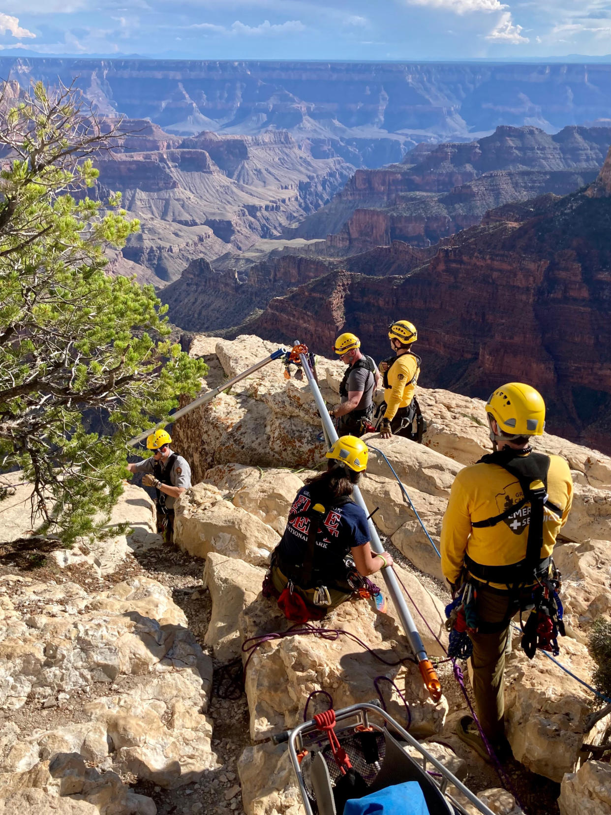 Responders prepare for a technical rescue at Bright Angel Point Trail on the North Rim of Grand Canyon National Park in Arizona. (B. Derr / National Park Service)