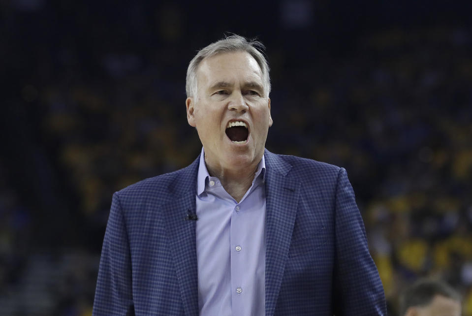 Houston Rockets head coach Mike D'Antoni yells during the first half of Game 1 of a second-round NBA basketball playoff series against the Golden State Warriors in Oakland, Calif., Sunday, April 28, 2019. (AP Photo/Jeff Chiu)