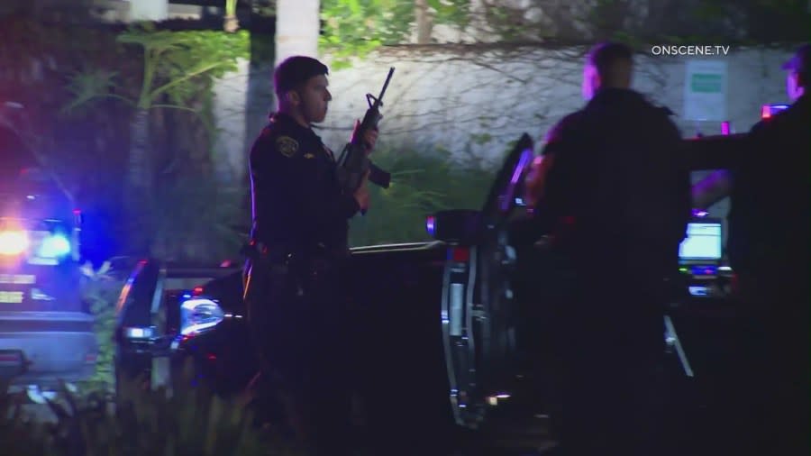 Video from the scene shows multiple police officers with guns drawn around an apartment building in Marina del Rey, CA on April 13, 2024. (OnSceneTV) 