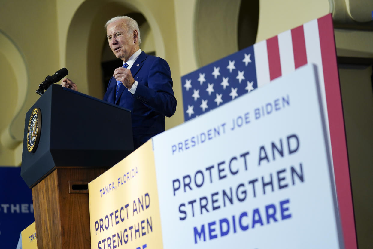 President Biden speaks about his administration's plans to protect Social Security and Medicare and lower healthcare costs, Feb. 9, 2023, at the University of Tampa in Tampa, Fla. (AP Photo/Patrick Semansky)