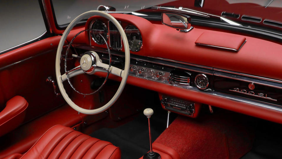 The interior of a 1961 Mercedes-Benz 300 SL Roadster.
