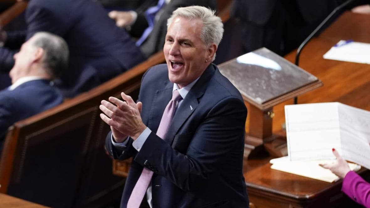 Rep. Kevin McCarthy, R-Calif., reacts during the 12th round of voting for speaker in the House chamber as the House meets for the fourth day to elect a speaker and convene the 118th Congress in Washington, Friday, Jan. 6, 2023. (AP Photo/Andrew Harnik)