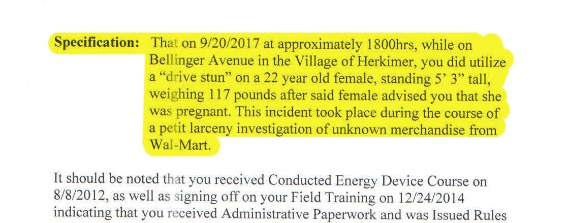 An excerpt from Herkimer Police Department's disciplinary records describes Officer Jason Crippen's use of a Taser on a pregnant woman.