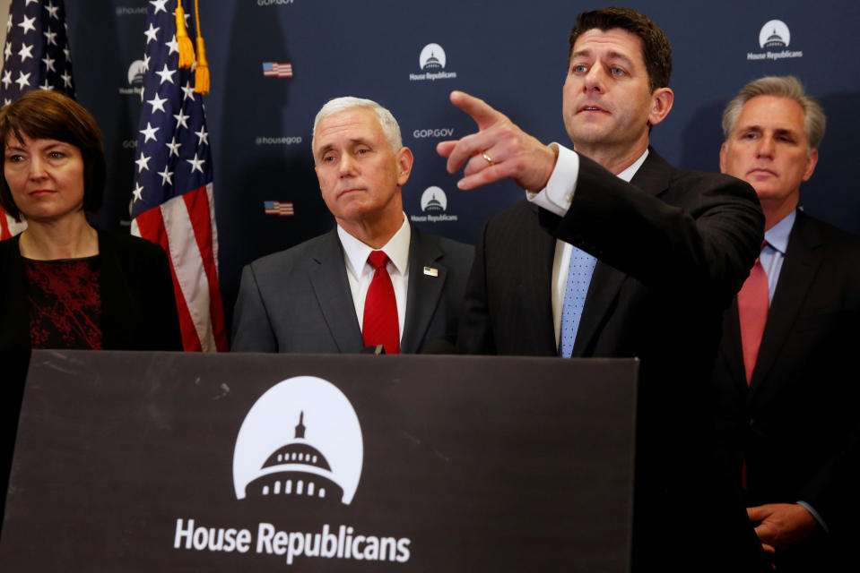 U.S. Vice President-elect Mike Pence (2nd L) joins House Republicans, including Representative Cathy McMorris Rodgers (R-WA) (L), Speaker Paul Ryan (R-WI) (2nd R) and House Majority Leader Kevin McCarthy (R-CA) (R), to speak to reporters after meeting with the Republican House caucus at the U.S. Capitol in Washington, U.S. January 4, 2017. REUTERS/Jonathan Ernst