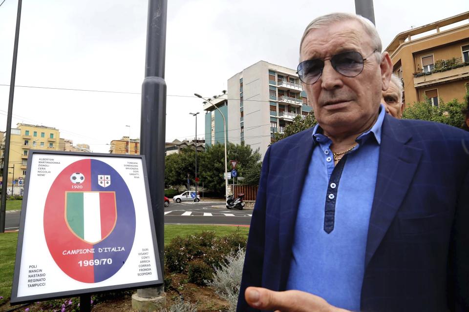 Gigi Riva is shown in this June 13, 2015 photo in Cagliari, Italy. Italy’s all-time leading goalscorer Luigi Riva has died. He was 79. The Italian soccer federation has confirmed the news and tributes have started flooding in for Riva. Riva remains Italy’s leading goalscorer, having netted 35 times in 42 appearances. As a player, he helped the Azzurri win the European Championship in 1968 and finish runners-up at the World Cup, two years later.He was also team manager of the national team from 1990-2013 and was instrumental in Italy winning its fourth World Cup in 2006. (Enrico Locci/LaPresse via AP)