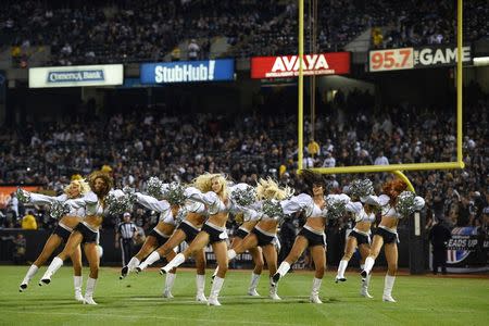 August 15, 2014; Oakland, CA, USA; Oakland Raiders cheerleaders perform during the fourth quarter against the Detroit Lions at O.co Coliseum. Mandatory Credit: Kyle Terada-USA TODAY Sports