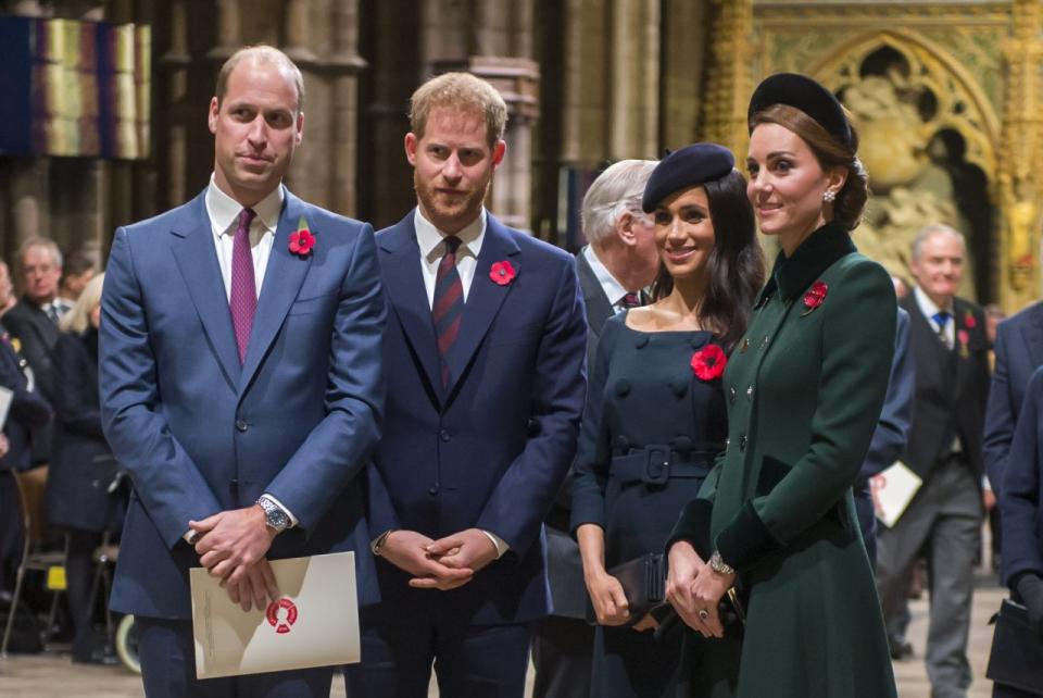 William, Harry, Meghan and Kate during a Remembrance Service at Westminster Abbey earlier this month, before rumours erupted there was drama amongst the ‘Fab Four’. Source: Getty