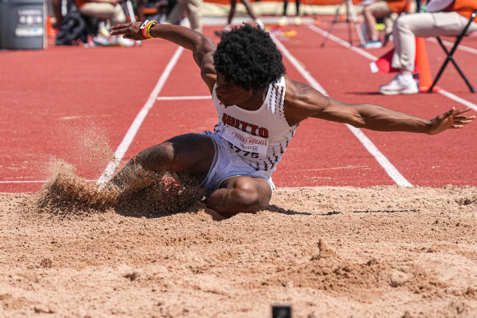 Hutto athlete Gary Choice competes in the boys triple jump Saturday at the Texas Relays at Myers Stadium. The high school portion of the Relays began Friday and ended Saturday, along with the rest of the meet.