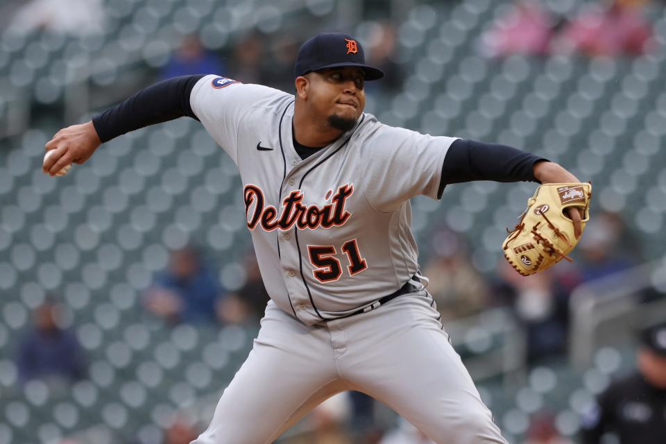 Tigers pitcher Rony Garcia delivers a pitch during the first inning against the Twins, Wednesday, May 25, 2022, in Minneapolis.