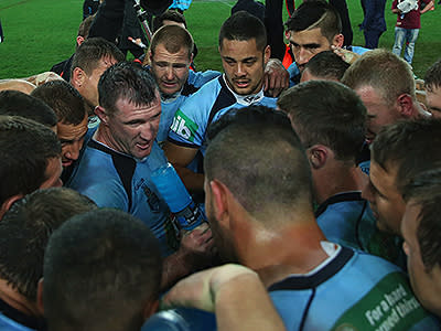 Paul Gallen adresses him troops after they went 1-0 up in the series.