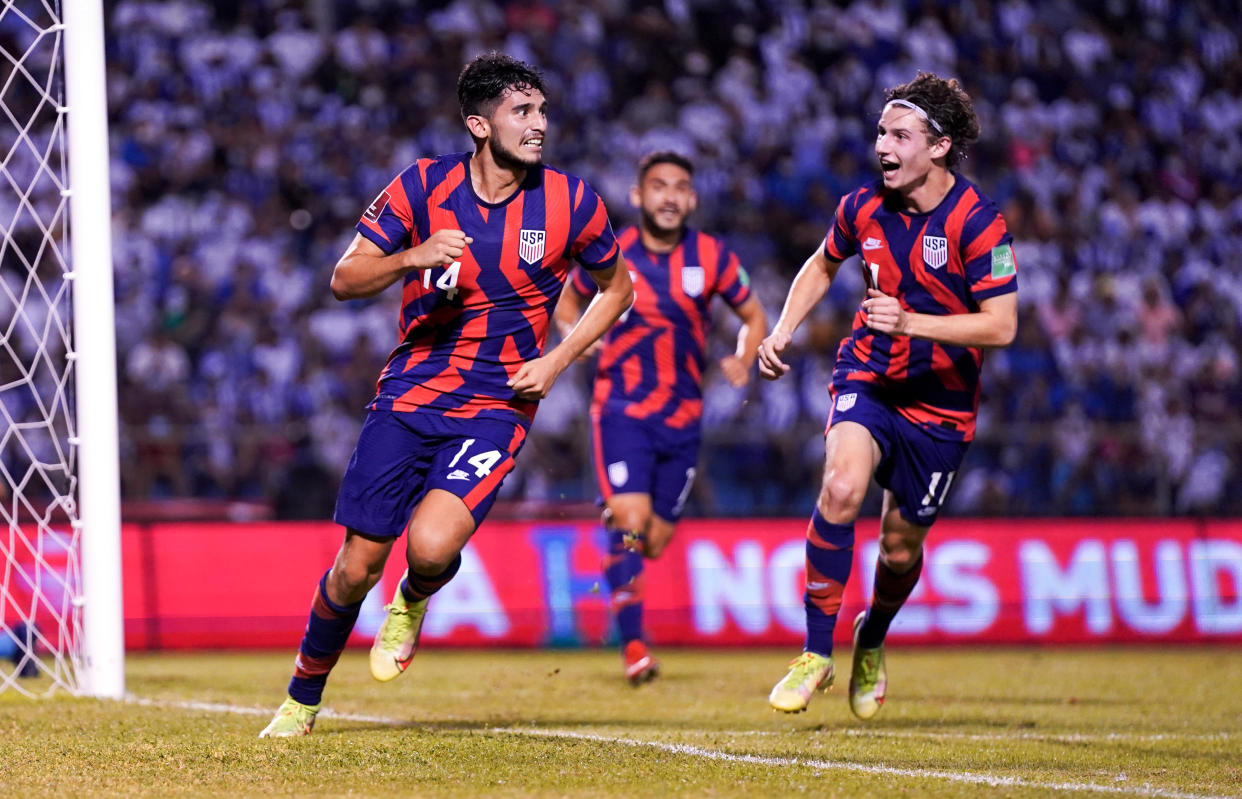 SAN PEDRO SULA, HONDURAS - SEPTEMBER 8: Ricardo Pepi #14 of the United States celebrates after scoring a goal against Honduras during a 2022 FIFA World Cup qualifying game at Estadio Olímpico Metropolitano on September 8, 2021 in San Pedro Sula, Honduras. (Photo by Brad Smith/ISI Photos/Getty Images)