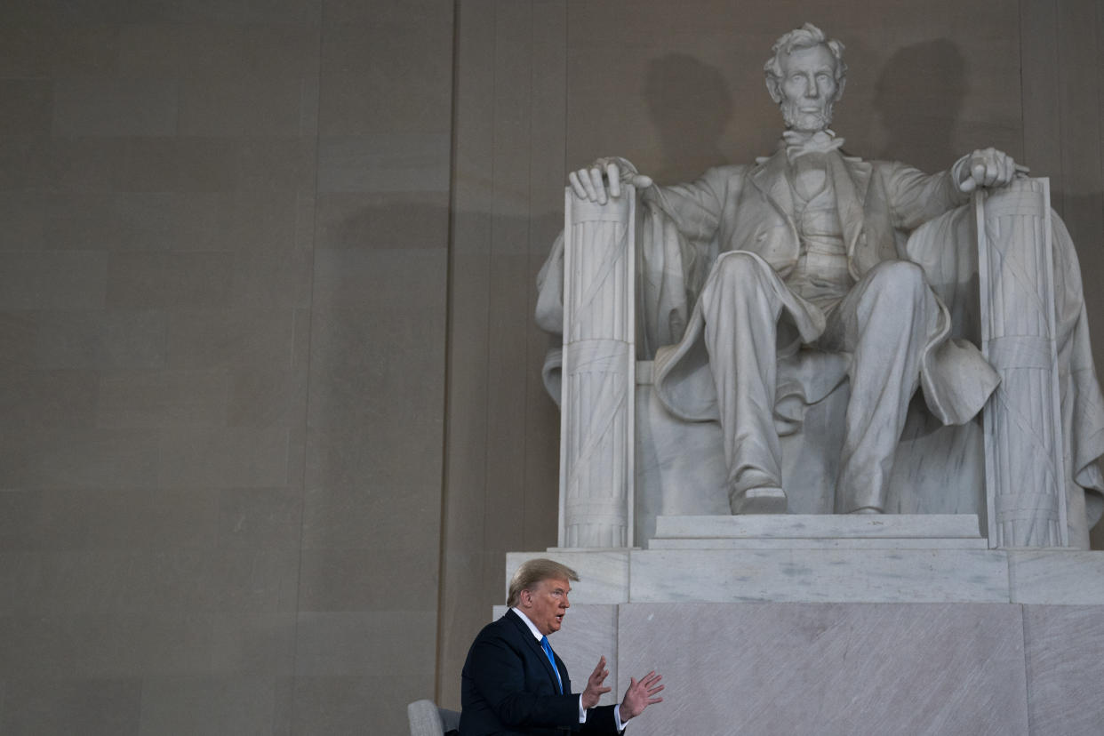 President Donald Trump speaks during a Fox News virtual town hall at the Lincoln Memorial on May 3. (Photo: ASSOCIATED PRESS)