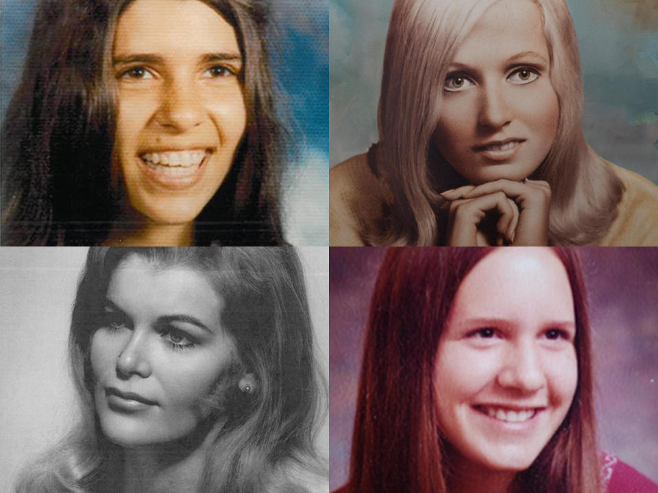 DNA linked Rodney Alcala to three Los Angeles murders: Jill Barcomb [1977] top left, Georgia Wixted [1977] top right, and Charlotte Lamb [1978] bottom left. The 1979 killing of a fourth L.A. woman, Jill Parenteau,  bottom right, was also tied to him. / Credit: Orange County District Attorney's Office