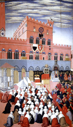 <span class="caption">Sano di Pietro, Bernardino of Siena preaching.</span> <span class="attribution"><a class="link " href="https://commons.wikimedia.org/wiki/File:Saint_Bernardino_preaching_in_the_Campo.PNG" rel="nofollow noopener" target="_blank" data-ylk="slk:Wikimedia Commons;elm:context_link;itc:0;sec:content-canvas">Wikimedia Commons</a>, <a class="link " href="http://creativecommons.org/licenses/by-nc-nd/4.0/" rel="nofollow noopener" target="_blank" data-ylk="slk:CC BY-NC-ND;elm:context_link;itc:0;sec:content-canvas">CC BY-NC-ND</a></span>