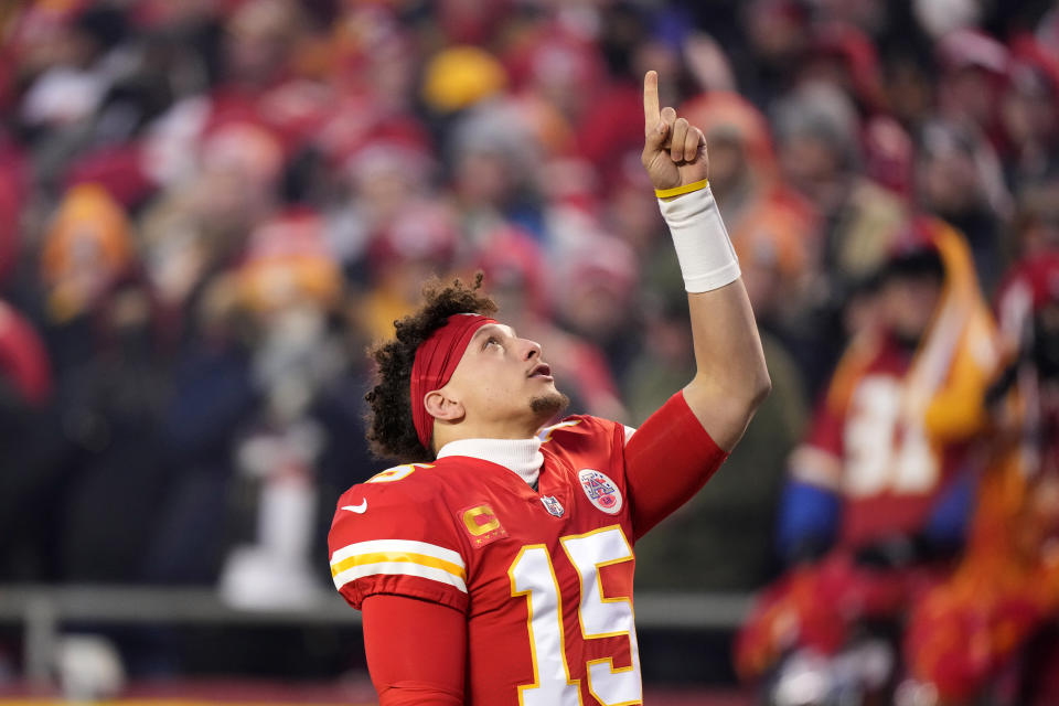 FILE - Kansas City Chiefs quarterback Patrick Mahomes reacts before the NFL AFC Championship playoff football game against the Cincinnati Bengals, Sunday, Jan. 29, 2023, in Kansas City, Mo. Public display of faith is nothing new in football or sports.(AP Photo/Charlie Riedel, File)