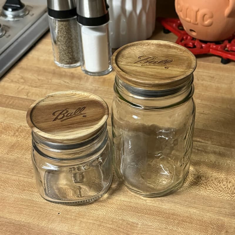 Ball jars on kitchen counter.