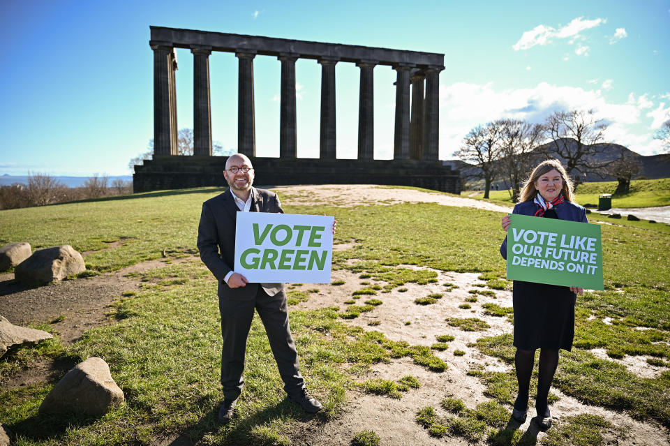 <p>EDINBURGH, SCOTLAND - MARCH 16: Scottish Greens co-leader Patrick Harvie and Alison Johnstone MSP attend the campaign launch for the 2021 Holyrood election at Calton Hill on March 16, 2021 in Edinburgh, Scotland. The party unveiled the new slogan ‘Vote Like Our Future Depends on It’ as it launched its campaign for the election on 6 May. (Photo by Jeff J Mitchell/Getty Images)</p>
