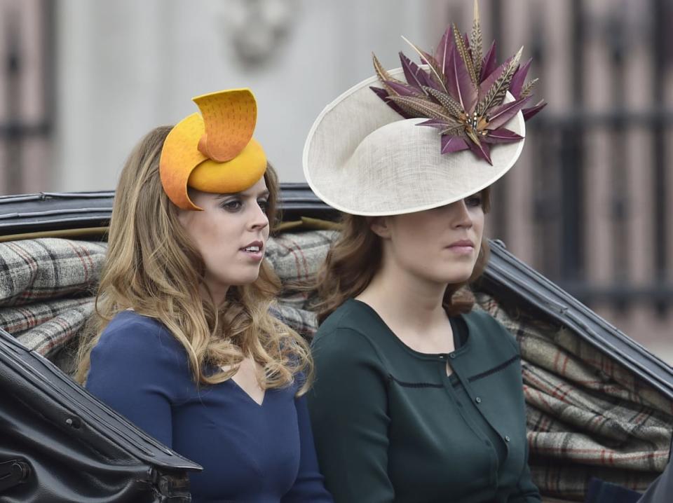 <div class="inline-image__caption"><p>Princess Eugenie (L) and Princess Beatrice travel to Horseguards Parade for the annual Trooping the Color ceremony in central London, Britain June 11, 2016.</p></div> <div class="inline-image__credit">REUTERS/Toby Melville</div>