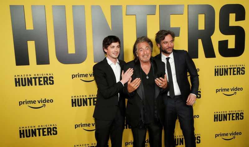 Cast members Lerman, Pacino and Radnor pose at a premiere for the television series "Hunters" in Los Angeles