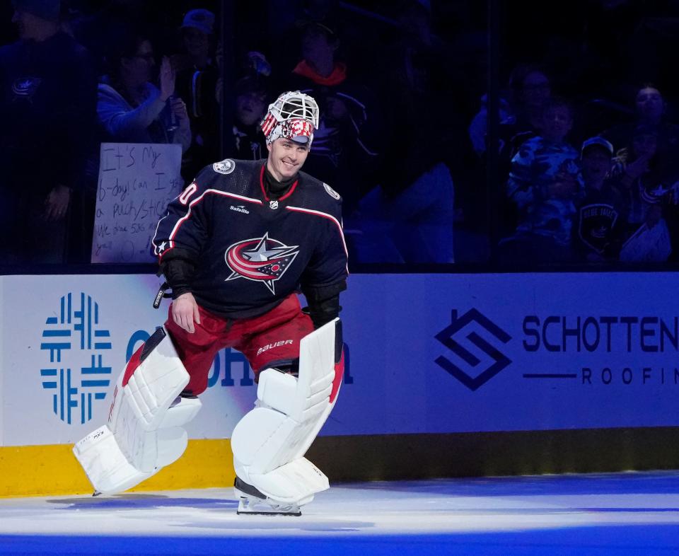 Dec. 1, 2023; Columbus, Ohio, USA; 
Columbus Blue Jackets goaltender Elvis Merzlikins (90) is recognized as a star of Friday's hockey game at Nationwide Arena. The Jackets beat the Ottawa Senators 4-2.