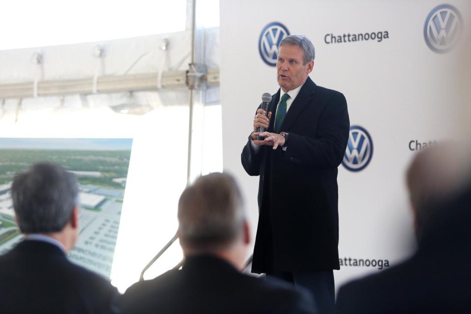 Tennessee Gov. Bill Lee speaks during the groundbreaking event for the Volkswagen electric vehicle facility at the Volkswagen plant Wednesday, Nov. 13, 2019 in Chattanooga, Tenn. Volkswagen is making Tennessee its North American base for electric vehicle production, breaking ground on an $800 million expansion at the plant in Chattanooga. (Erin O. Smith/Chattanooga Times Free Press via AP)