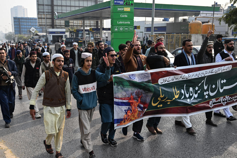 Youth activists of the Muslim Talba Mahaz (MTM) group hold a banner and shout slogans during a protest in Islamabad, Pakistan, against Iranian airstrikes inside Pakistan, Jan. 18, 2024. / Credit: FAROOQ NAEEM/AFP/Getty